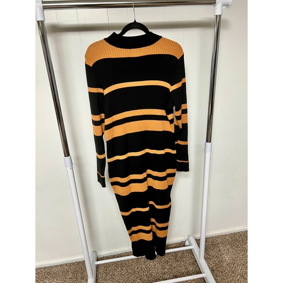 JUSTFAB Black & Mustard Stripe Mock Neck Ribbed Knit Maxi Sweater Dress - Picture 7 of 7